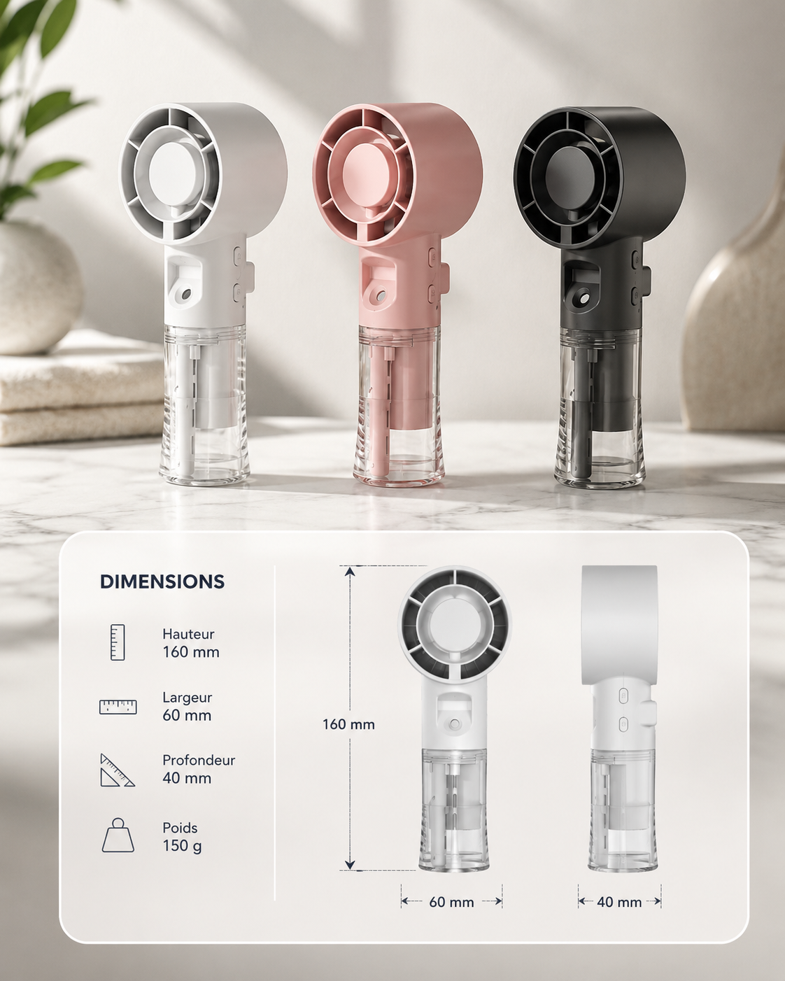 Ventilateur brumisateur Air Artic disponible en blanc, rose et noir avec format compact et réservoir transparent.