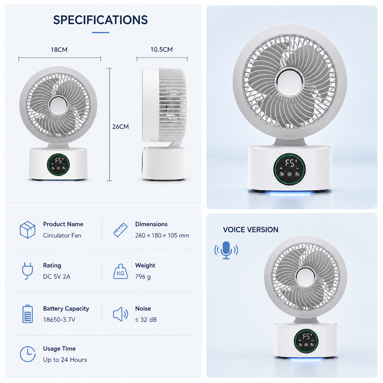 Ventilateur Circulateur Premium 360° avec Télécommande – Rechargeable USB