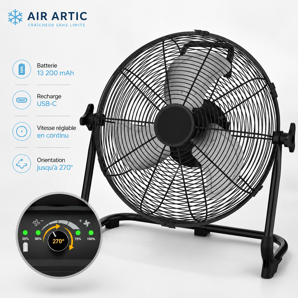Ventilateur polyvalent Air Artic adapté au camping, à la chambre, au chantier et aux espaces sans prise électrique