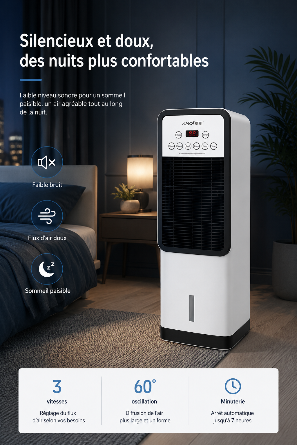 Ventilateur de climatisation vertical électrique domestique mobile à refroidissement et chauffage, sans pales, avec fonction eau et glace