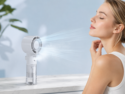 Ventilateur brumisateur Air Artic avec brume fraîche diffusée vers le visage pour un rafraîchissement doux et immédiat.