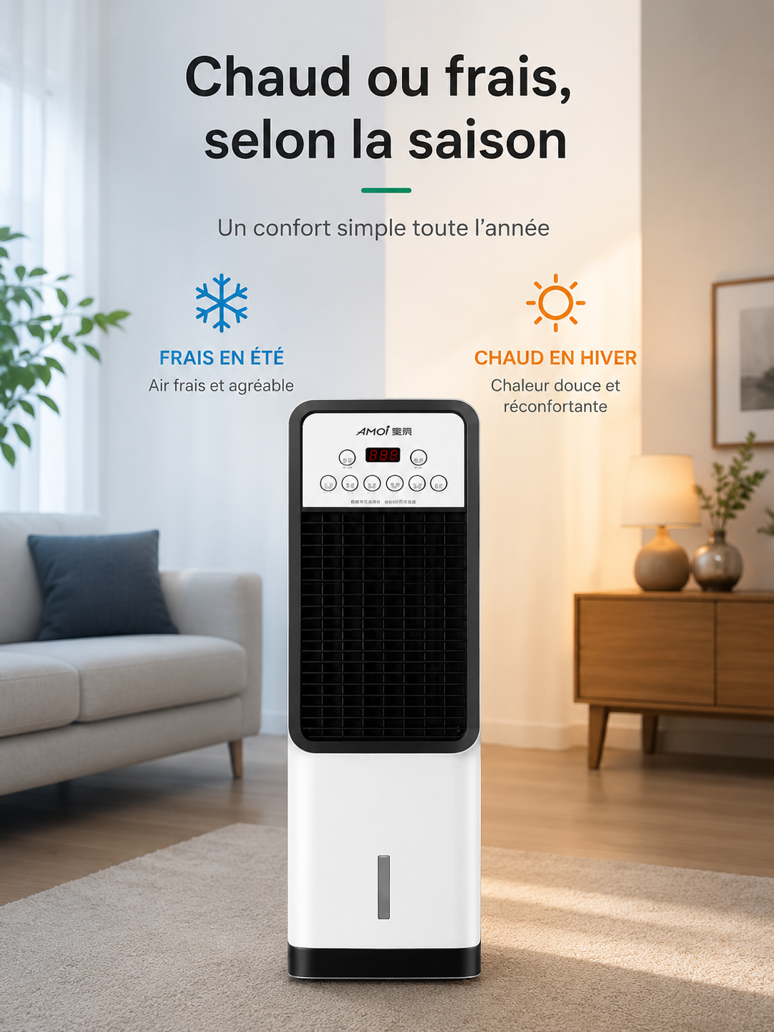 Ventilateur de climatisation vertical électrique domestique mobile à refroidissement et chauffage, sans pales, avec fonction eau et glace