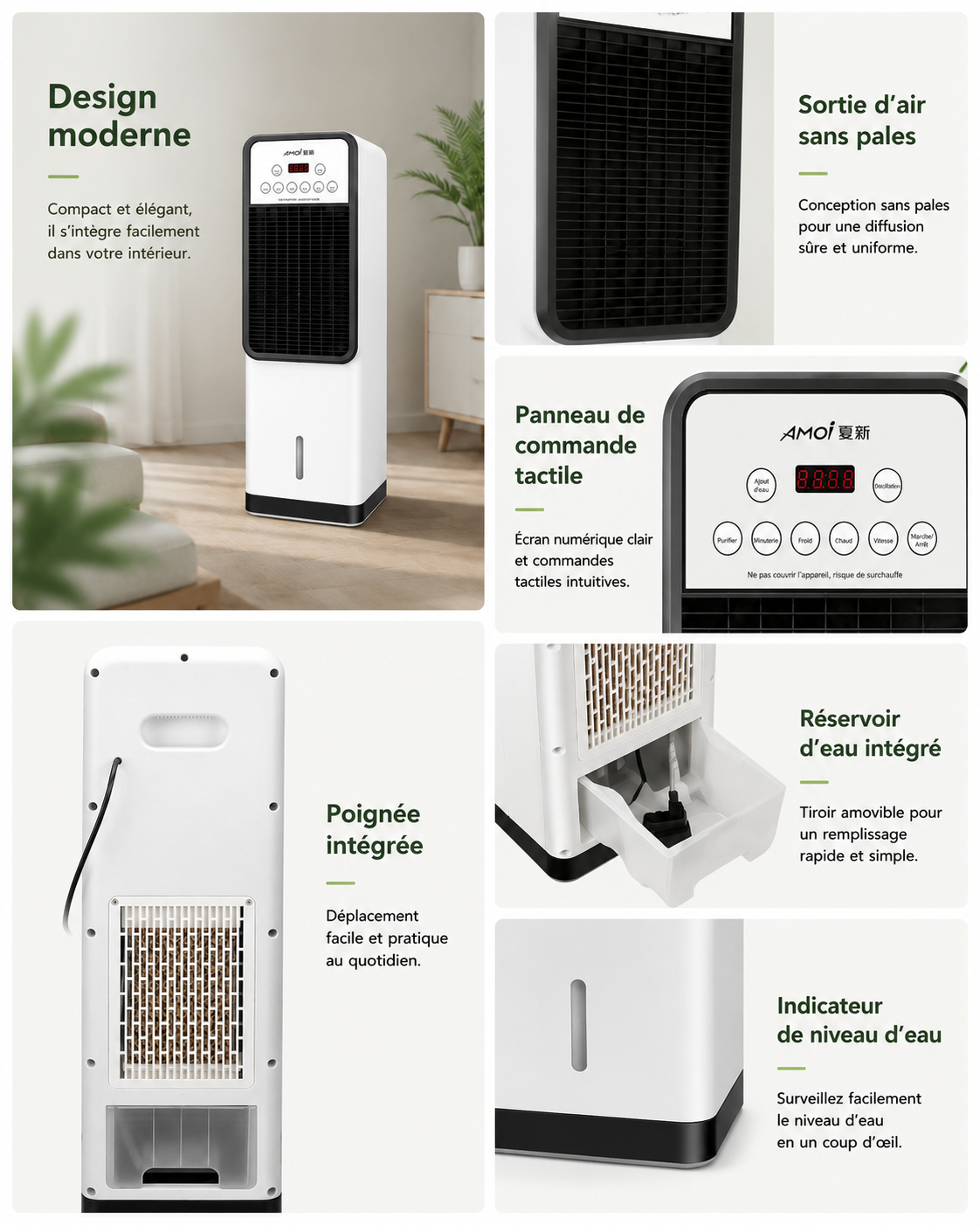 Ventilateur de climatisation vertical électrique domestique mobile à refroidissement et chauffage, sans pales, avec fonction eau et glace