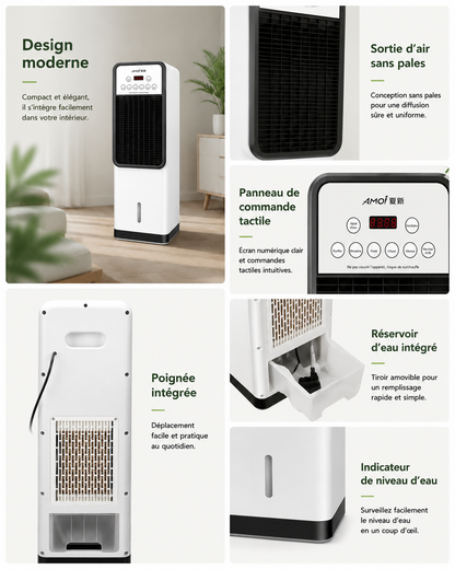 Ventilateur de climatisation vertical électrique domestique mobile à refroidissement et chauffage, sans pales, avec fonction eau et glace