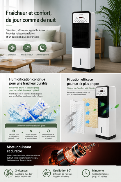 Ventilateur de climatisation vertical électrique domestique mobile à refroidissement et chauffage, sans pales, avec fonction eau et glace