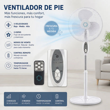 Ventilateur sur pied multifonction 125 cm, télécommande, 3 vitesses et modes de ventilation, minuterie jusqu'à 7,5 h, oscillation automatique, moteur silencieux, hauteur réglable, idéal pour le salon, la chambre et le bu