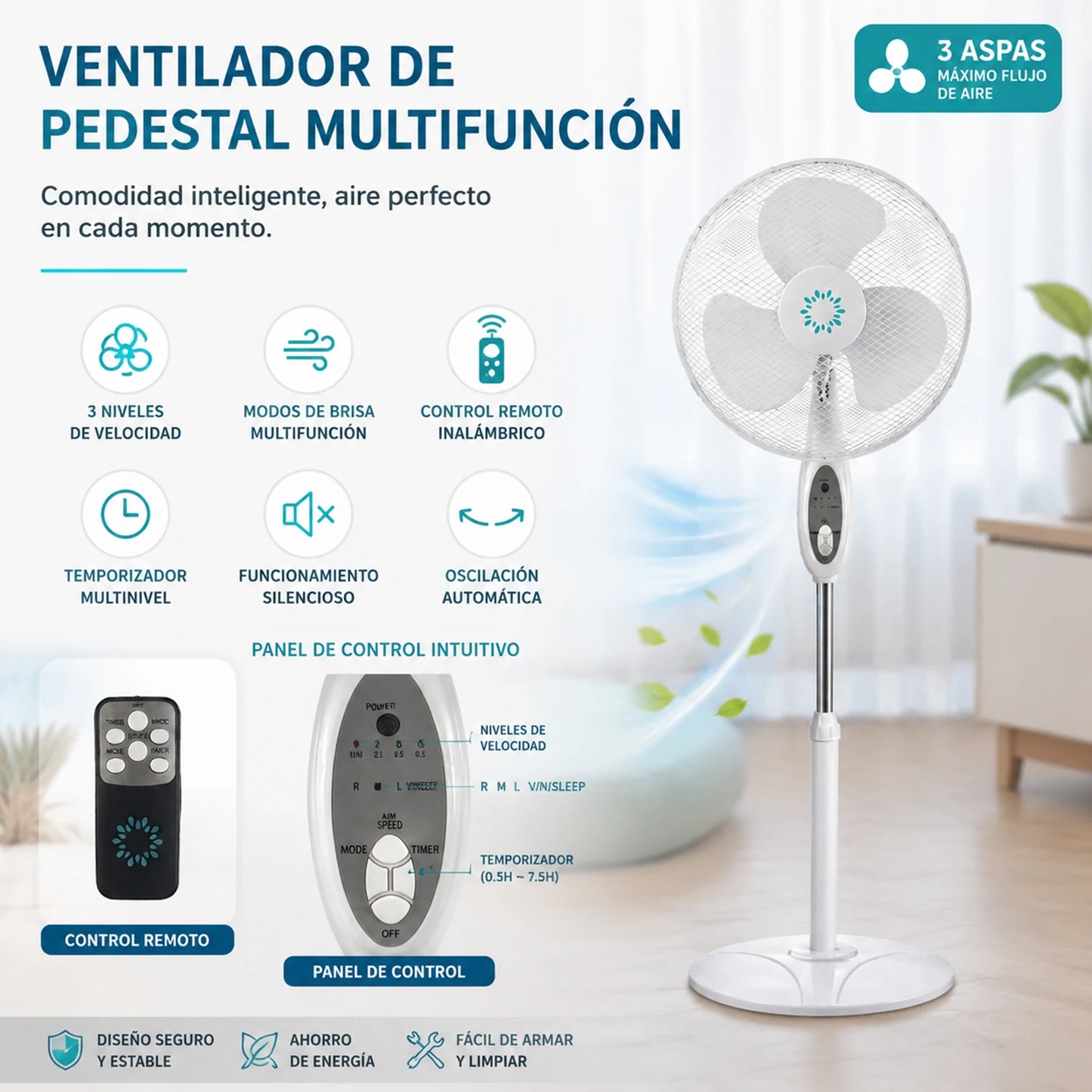 Ventilateur sur pied multifonction 125 cm, télécommande, 3 vitesses et modes de ventilation, minuterie jusqu'à 7,5 h, oscillation automatique, moteur silencieux, hauteur réglable, idéal pour le salon, la chambre et le bu