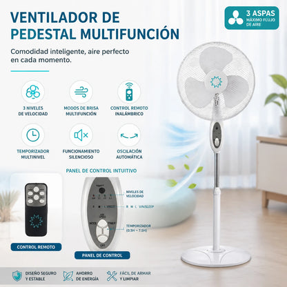 Ventilateur sur pied multifonction 125 cm, télécommande, 3 vitesses et modes de ventilation, minuterie jusqu'à 7,5 h, oscillation automatique, moteur silencieux, hauteur réglable, idéal pour le salon, la chambre et le bu