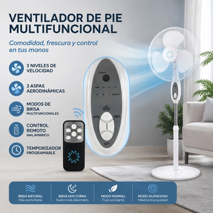 Ventilateur sur pied multifonction 125 cm, télécommande, 3 vitesses et modes de ventilation, minuterie jusqu'à 7,5 h, oscillation automatique, moteur silencieux, hauteur réglable, idéal pour le salon, la chambre et le bu