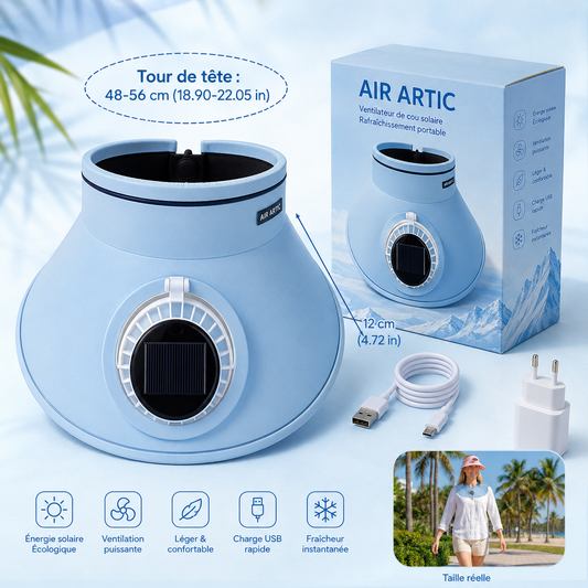 Vue arrière de la casquette visière ventilée bleu ciel Air Artic, montrant le tour de tête réglable de 48 à 56 cm, le ventilateur à énergie solaire, le câble USB et la prise secteur.