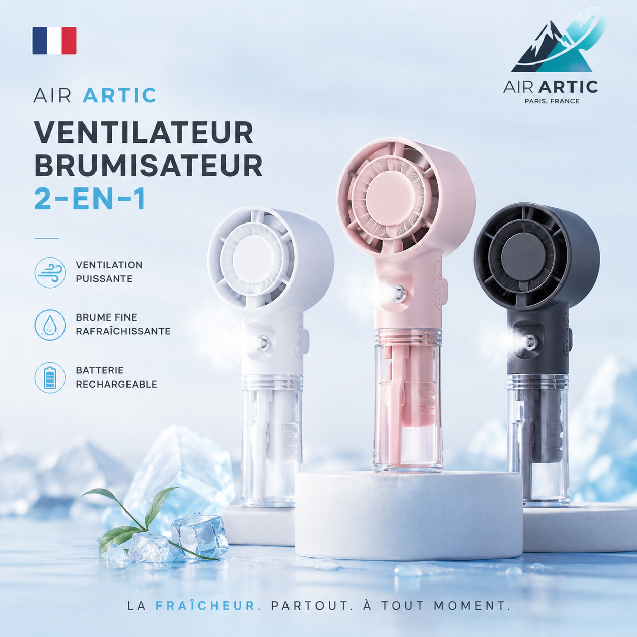 Réservoir transparent du ventilateur brumisateur Air Artic facile à remplir avec de l’eau propre.
