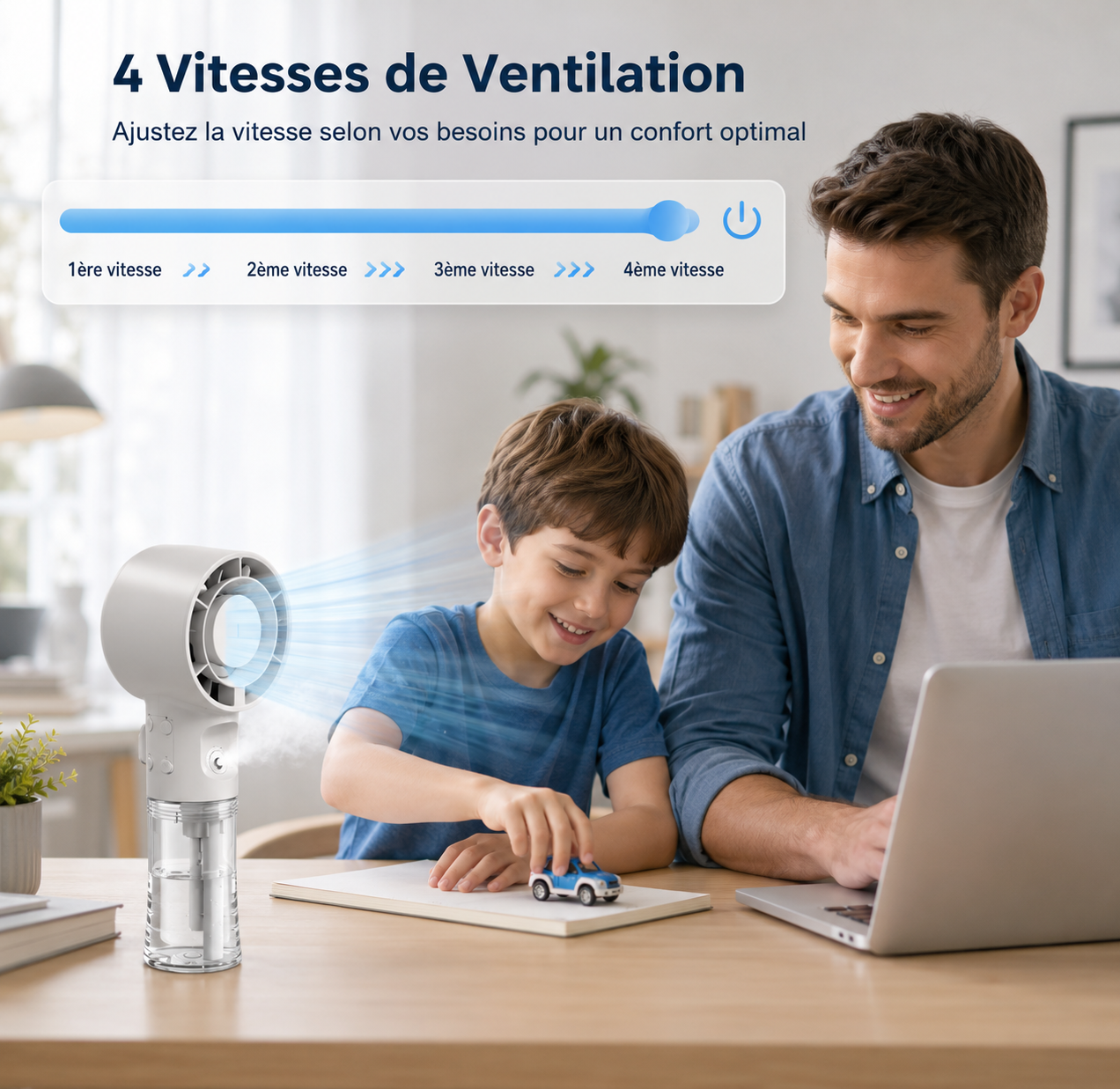 Ventilateur brumisateur Air Artic rose en fonctionnement avec brume fine visible et étiquette CE sur le produit. PHOTO 6 — Tout public homme femme enfant
