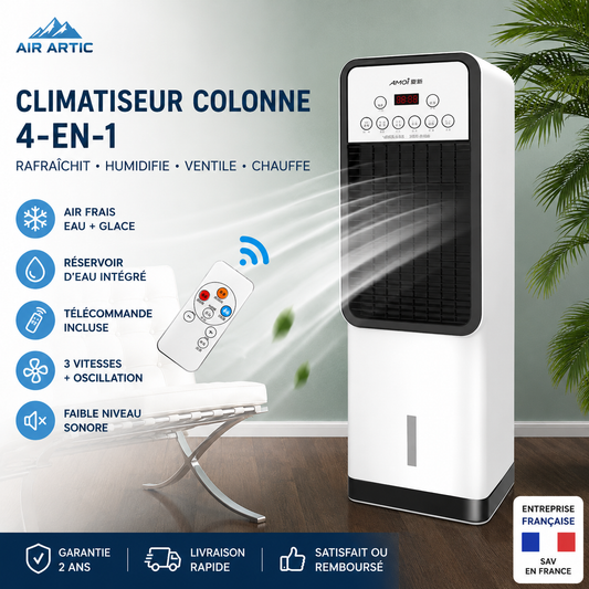 Climatiseur colonne 4-en-1 avec réservoir d’eau, télécommande, trois vitesses et oscillation.