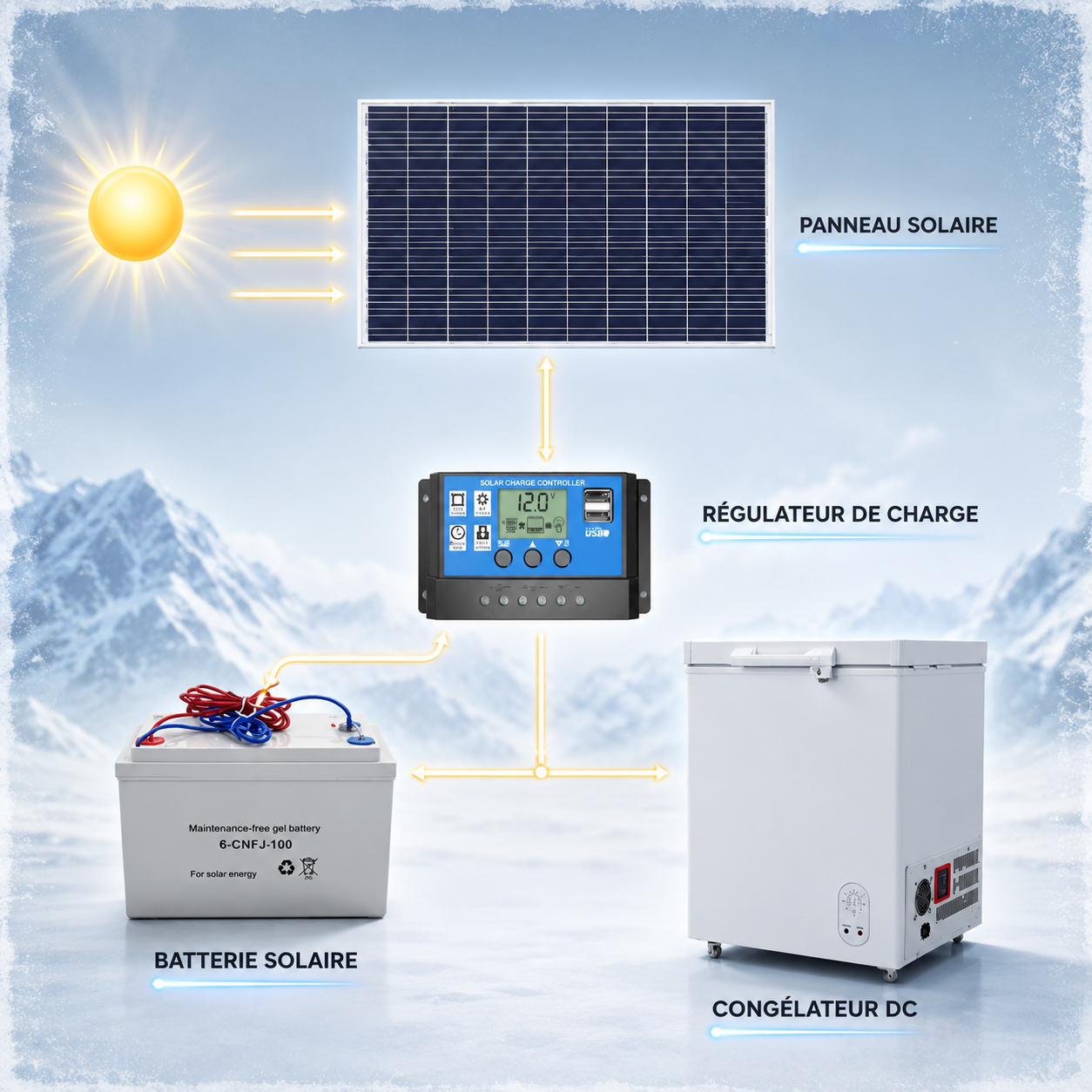 Congélateur solaire autonome AIR ARTIC avec panneau solaire pour conservation alimentaire hors réseau électrique
