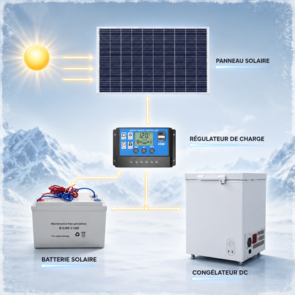 Congélateur solaire autonome AIR ARTIC avec panneau solaire pour conservation alimentaire hors réseau électrique
