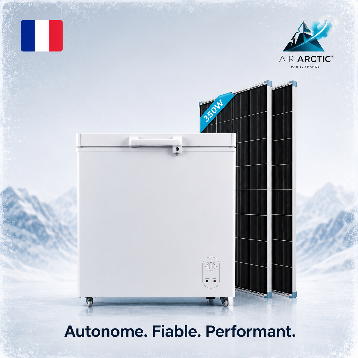 Congélateur solaire autonome AIR ARTIC avec panneau solaire pour conservation alimentaire hors réseau électrique

