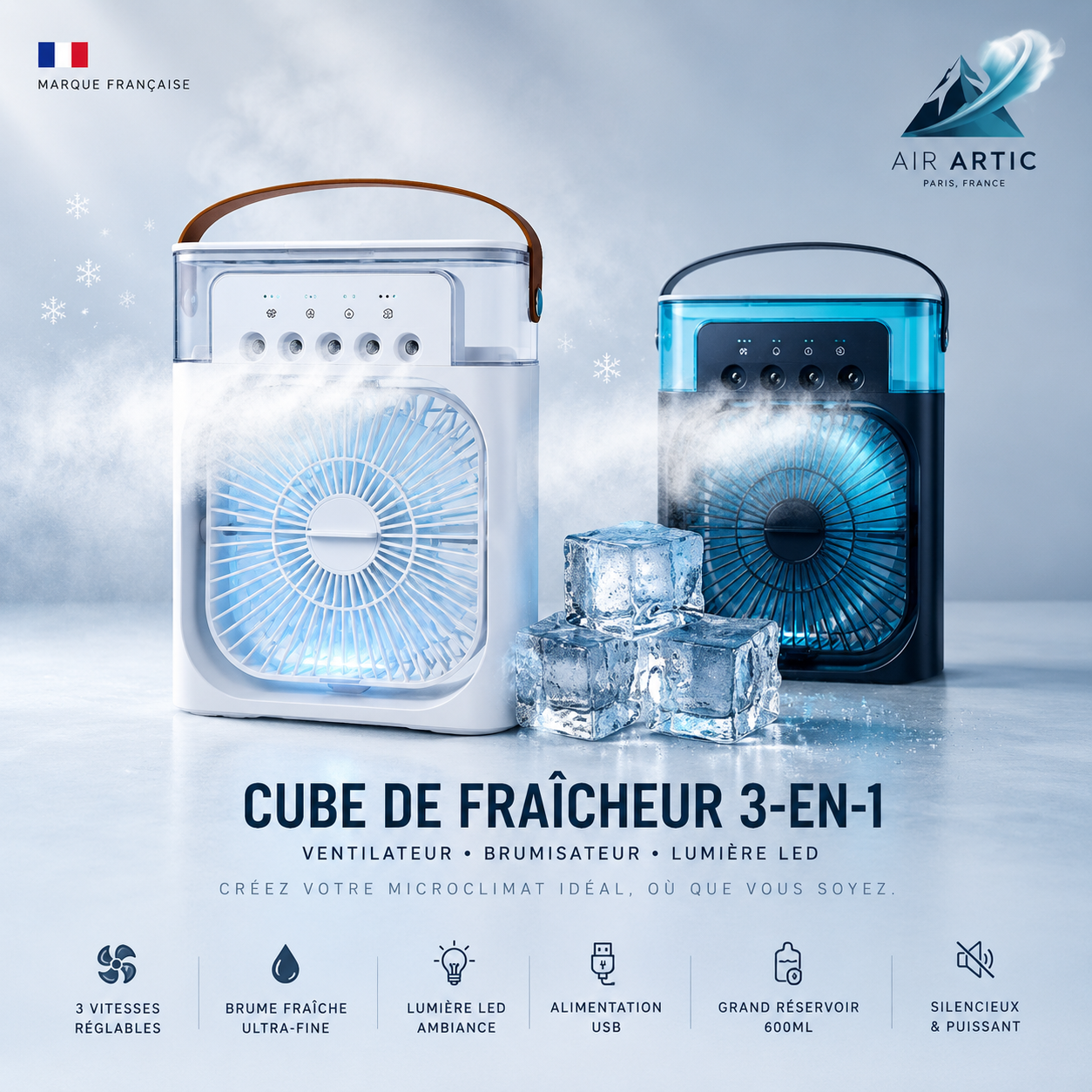 Ventilateur brumisateur portable AIR ARTIC 3-en-1 avec lumière LED et réservoir d’eau pour rafraîchissement personnel