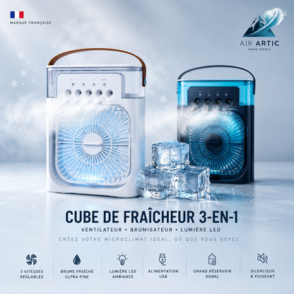 Ventilateur brumisateur portable AIR ARTIC 3-en-1 avec lumière LED et réservoir d’eau pour rafraîchissement personnel