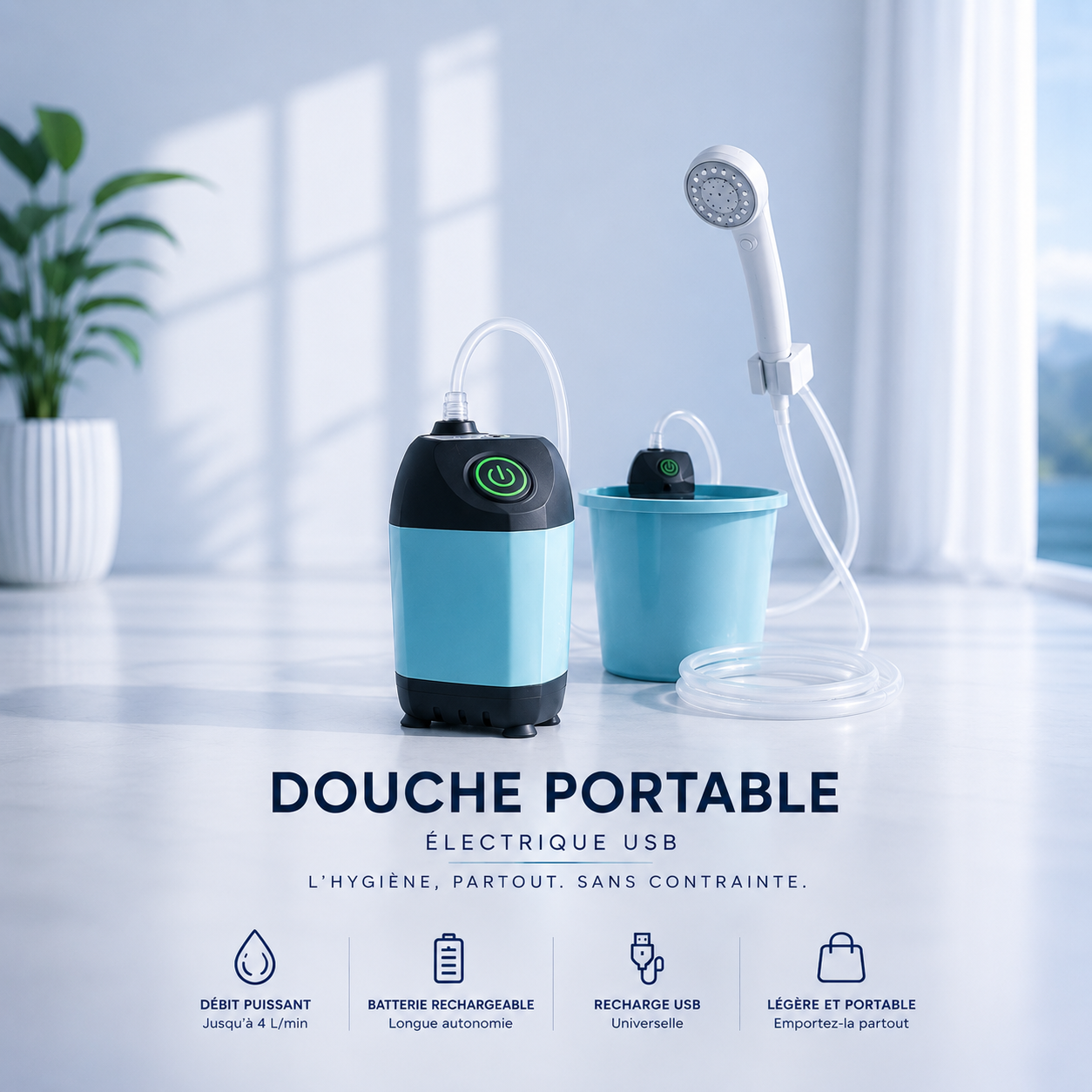 Douche nomade électrique rechargeable AIR ARTIC Aqualy avec batterie intégrée pour camping, vanlife et activités extérieures