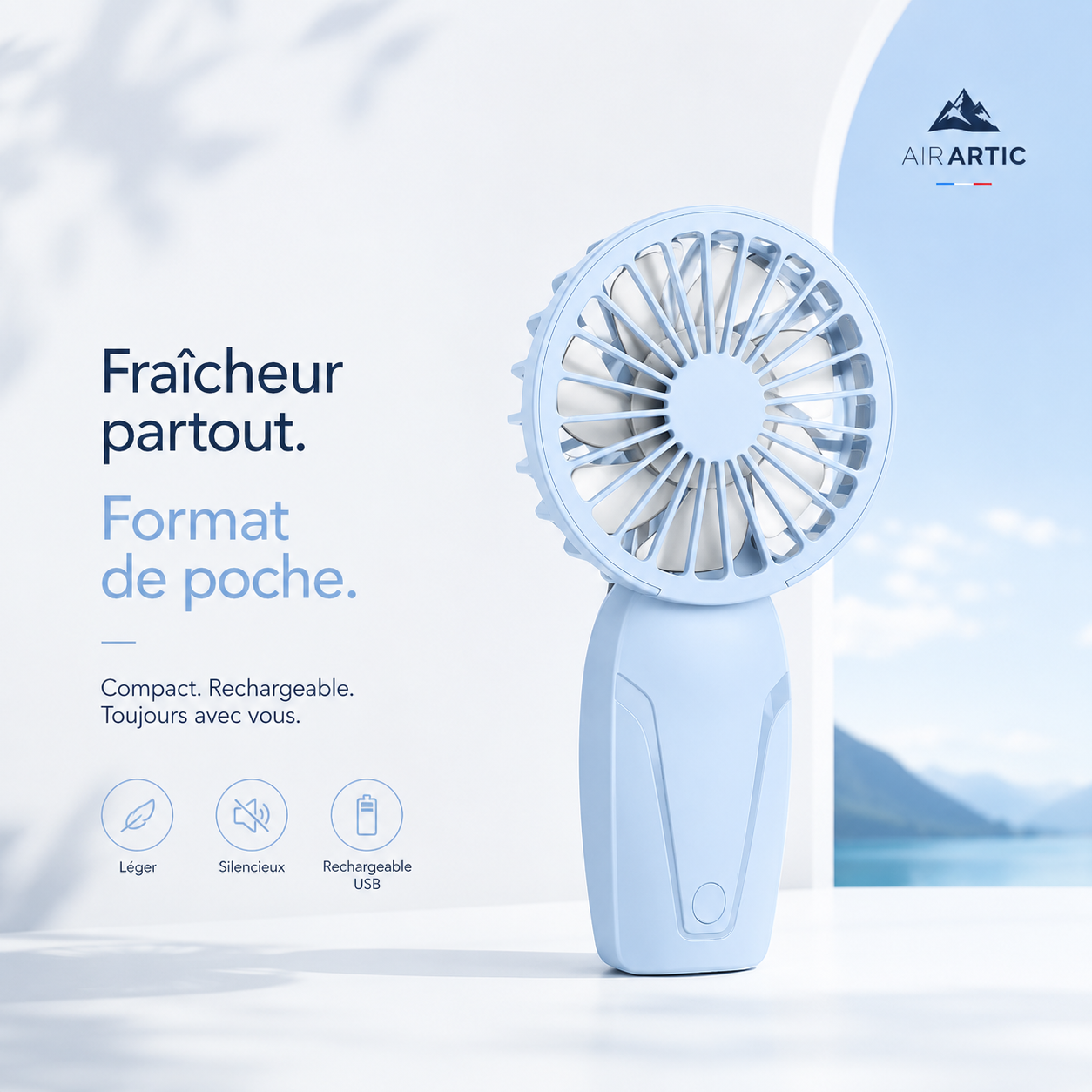 Mini ventilateur portable AIR ARTIC V2 rechargeable, compact et silencieux pour voyage, bureau et déplacements