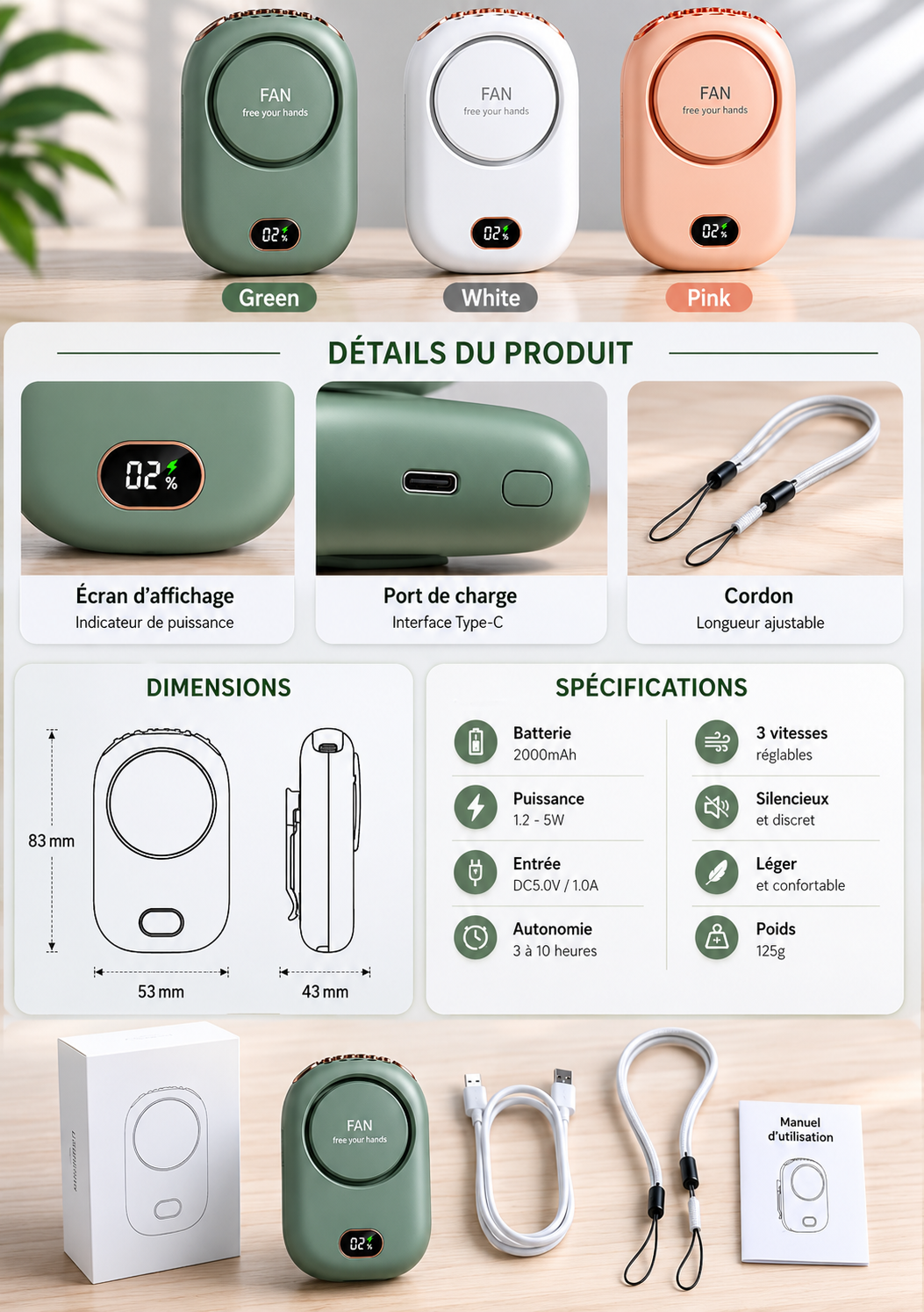 Mini Ventilateur Tour de Cou “Zéphyr” Rechargeable