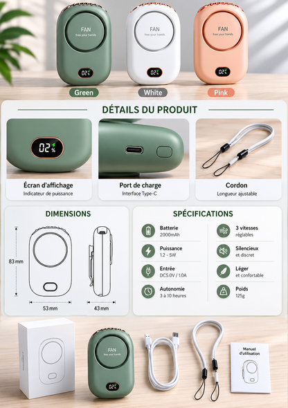 Mini Ventilateur Tour de Cou “Zéphyr” Rechargeable