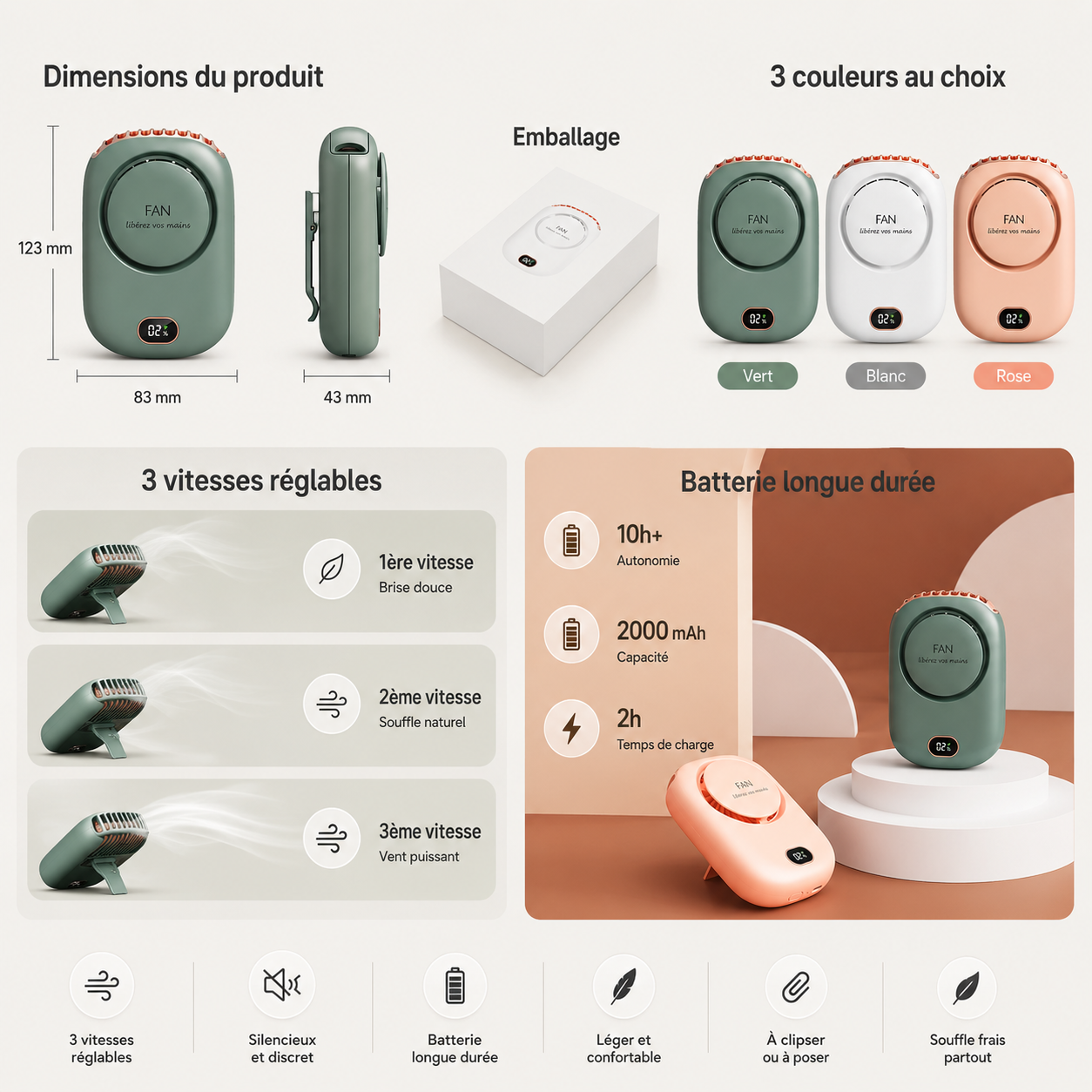 Mini Ventilateur Tour de Cou “Zéphyr” Rechargeable