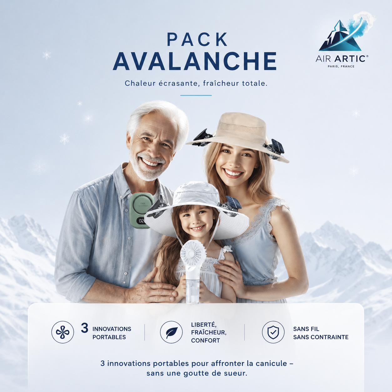 Pack Avalanche AIR ARTIC avec trois solutions portables de rafraîchissement pour affronter la chaleur et la canicule