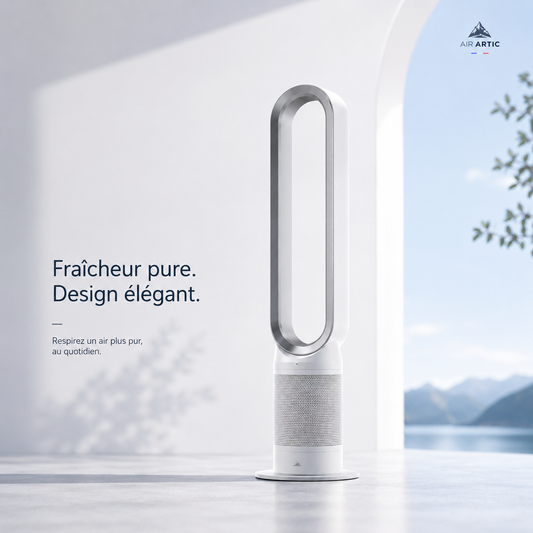 Purificateur-ventilateur d'air AIR ARTIC au design sans pales dans un intérieur moderne et lumineux.