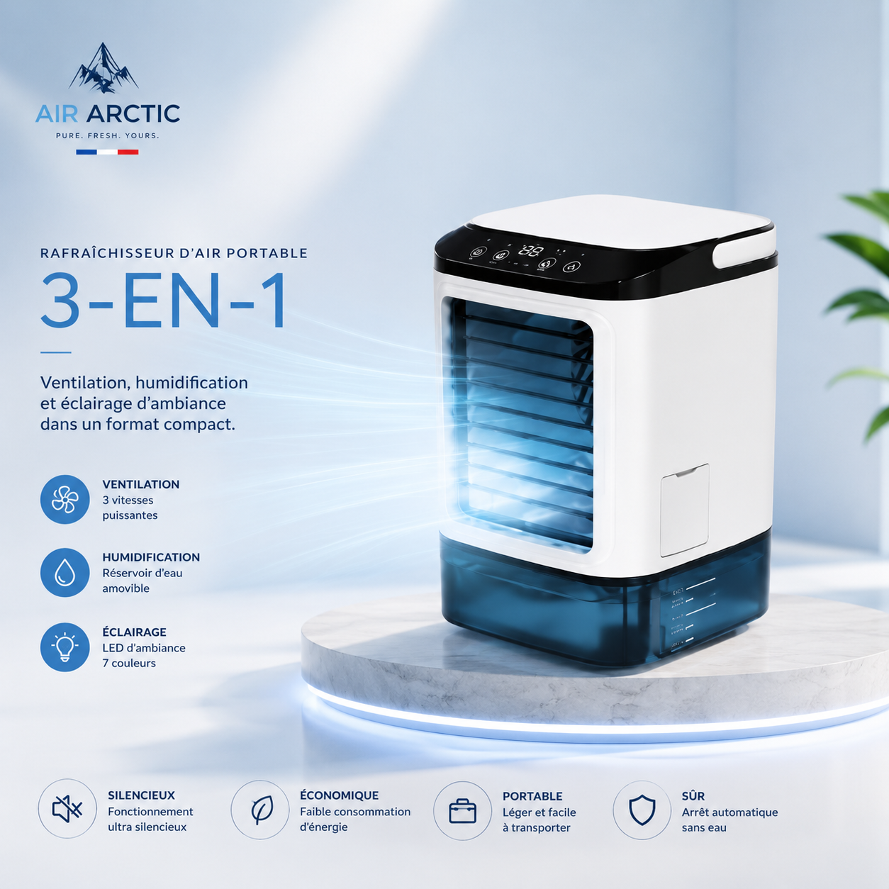 Rafraîchisseur d’air portable 3-en-1 AIR ARTIC avec ventilation puissante, humidification et éclairage LED pour bureau, chambre et été