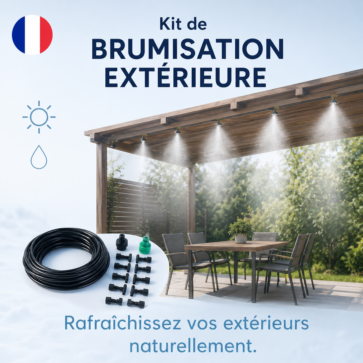 Système de brumisation extérieure AIR ARTIC pour terrasse, jardin, pergola et patio avec diffusion de brume rafraîchissante anti-chaleur