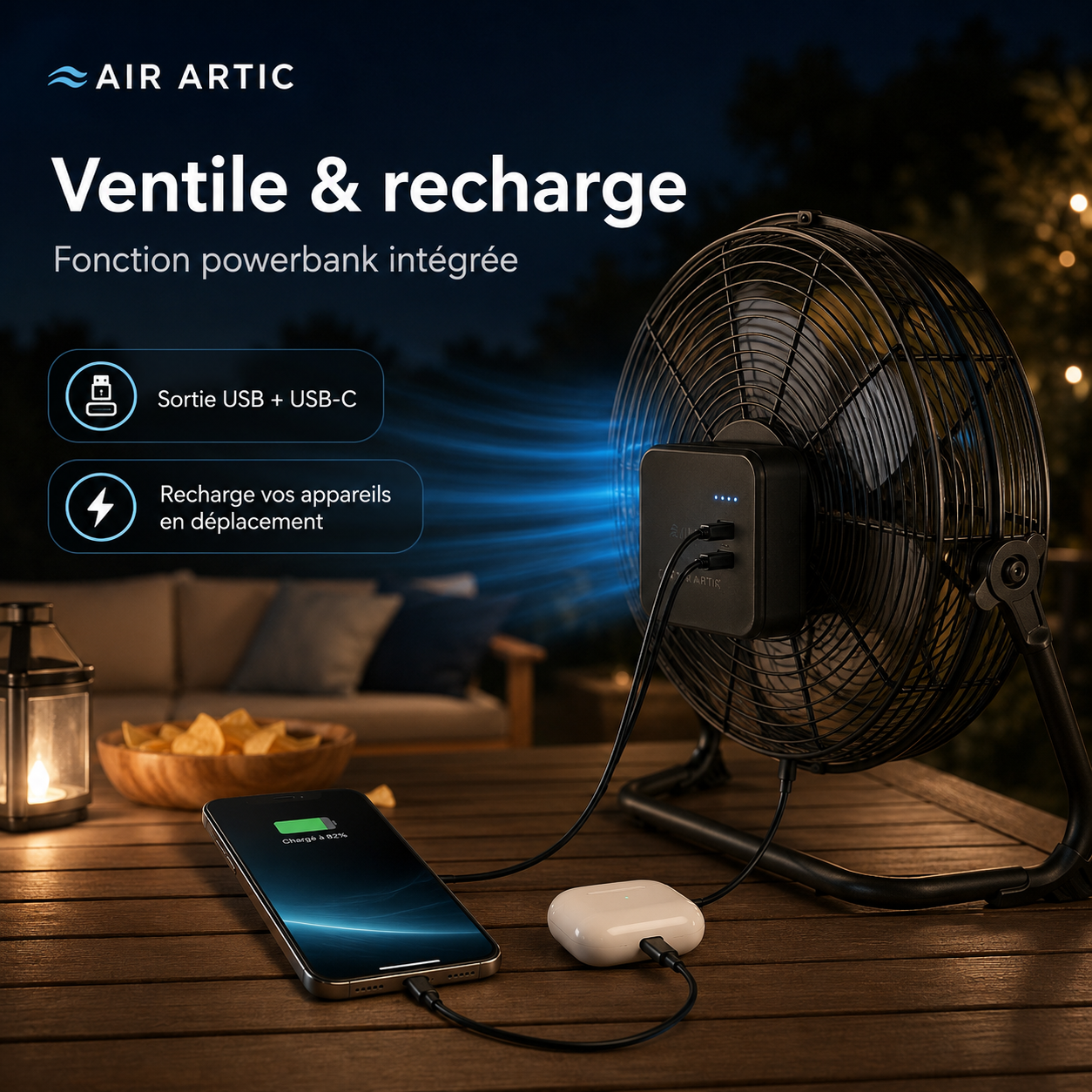Ventilateur Air Artic avec port USB permettant de recharger un téléphone grâce à la batterie