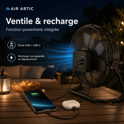 Ventilateur Air Artic avec port USB permettant de recharger un téléphone grâce à la batterie