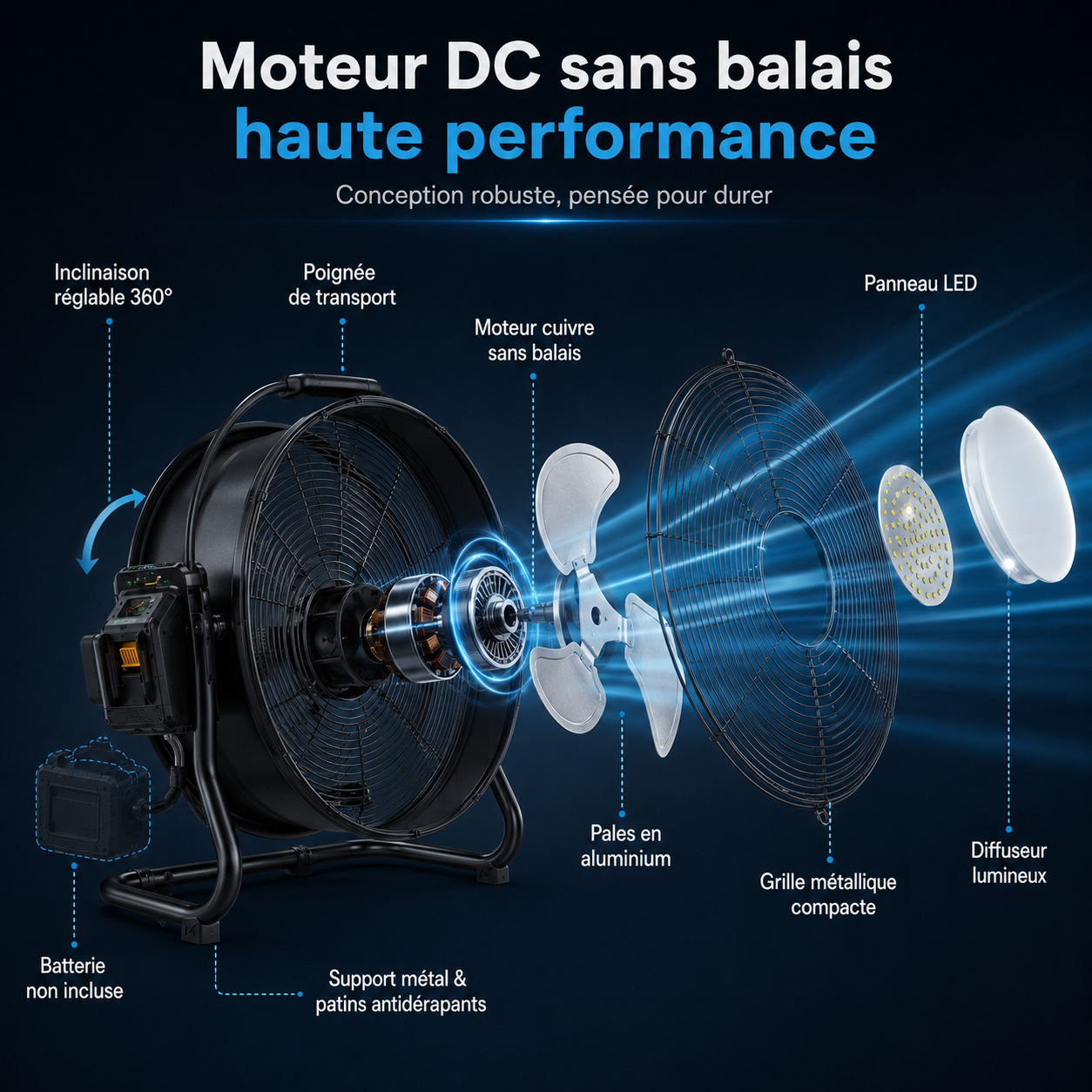 Ventilateur robuste compatible Makita pour atelier et chantier.