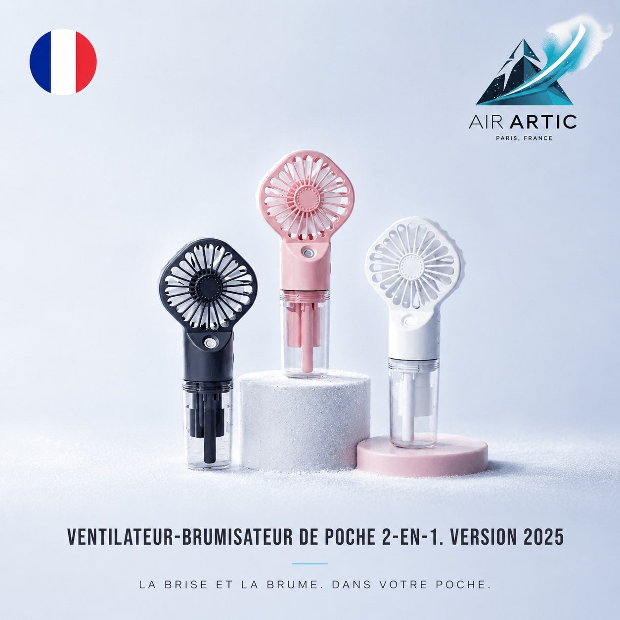 Ventilateur brumisateur de poche 2-en-1 AIR ARTIC rechargeable avec réservoir d’eau, ventilation portable et brume rafraîchissante pour l’été