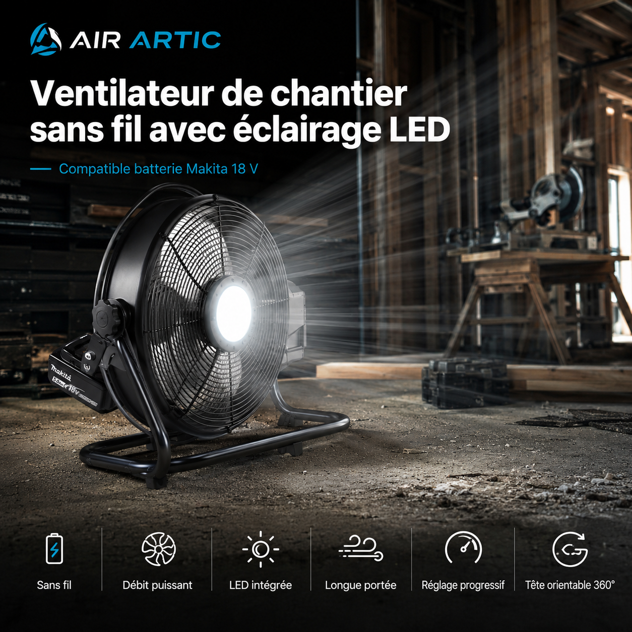 Ventilateur sans fil pratique pour chantier et extérieur.