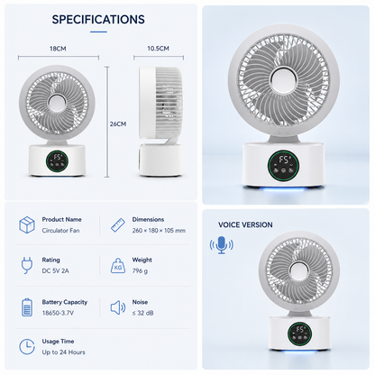 Ventilateur Circulateur Premium 360° avec Télécommande – Rechargeable USB