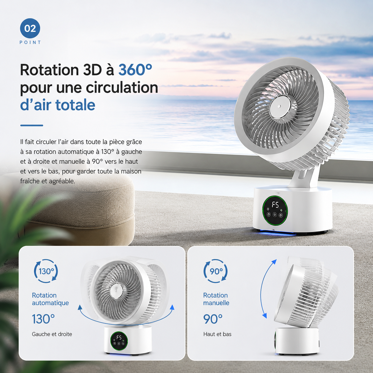 Ventilateur Circulateur Premium 360° avec Télécommande – Rechargeable USB