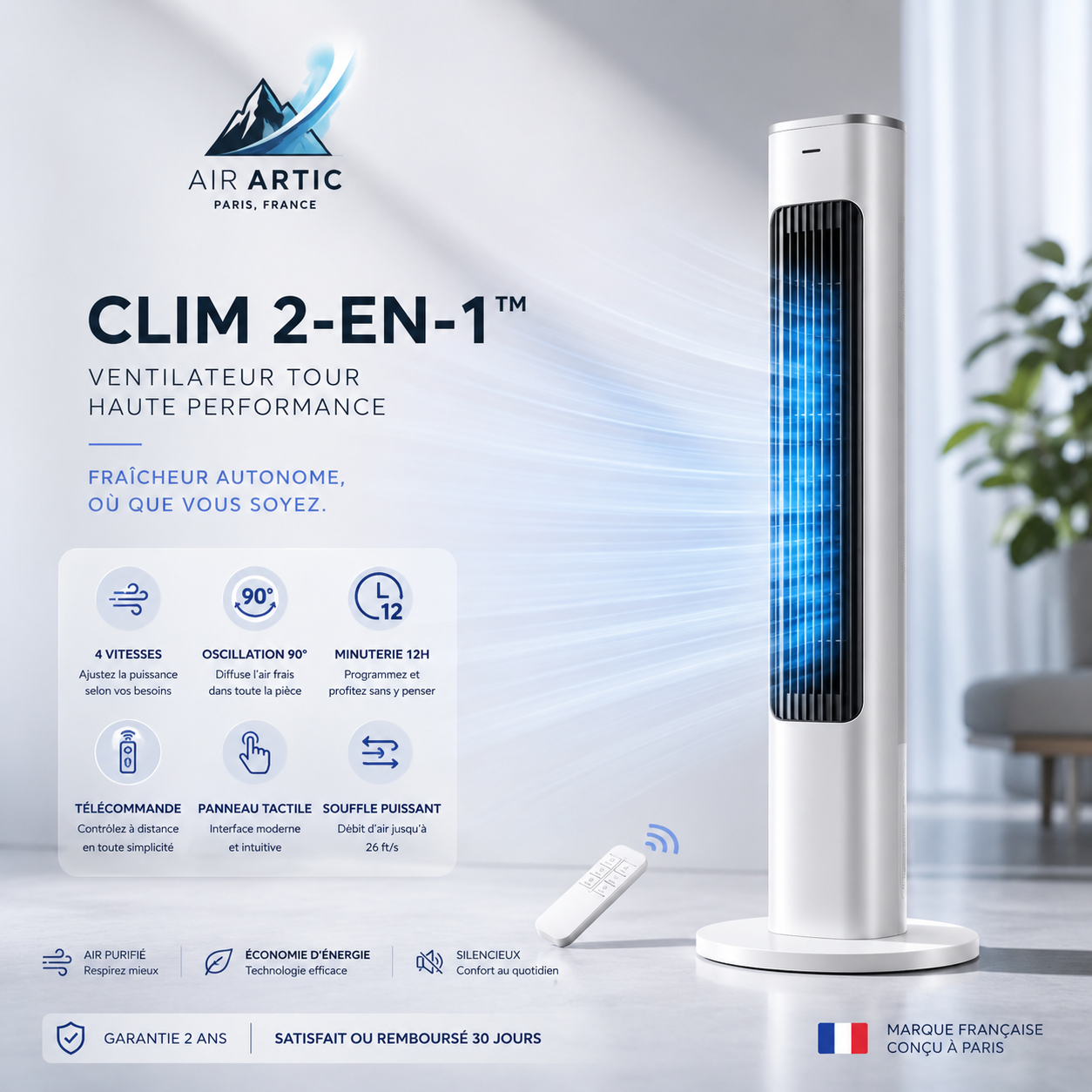 CLIM 2-EN-1™ | Ventilateur Tour Premium 90°