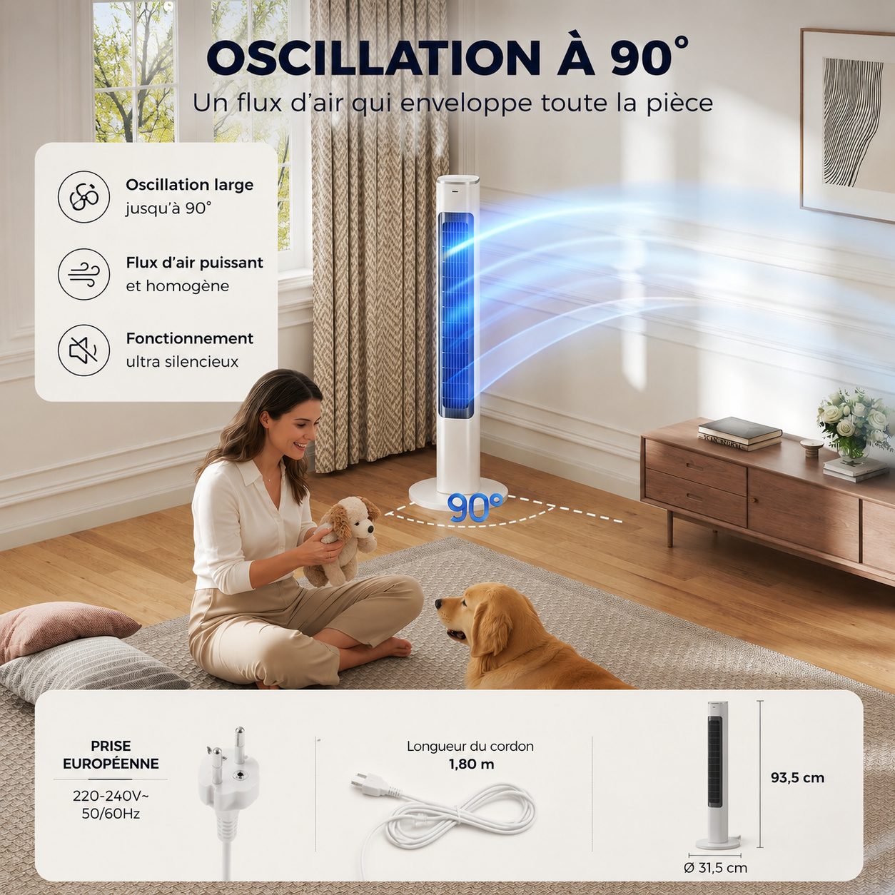 CLIM 2-EN-1™ | Ventilateur Tour Premium 90°