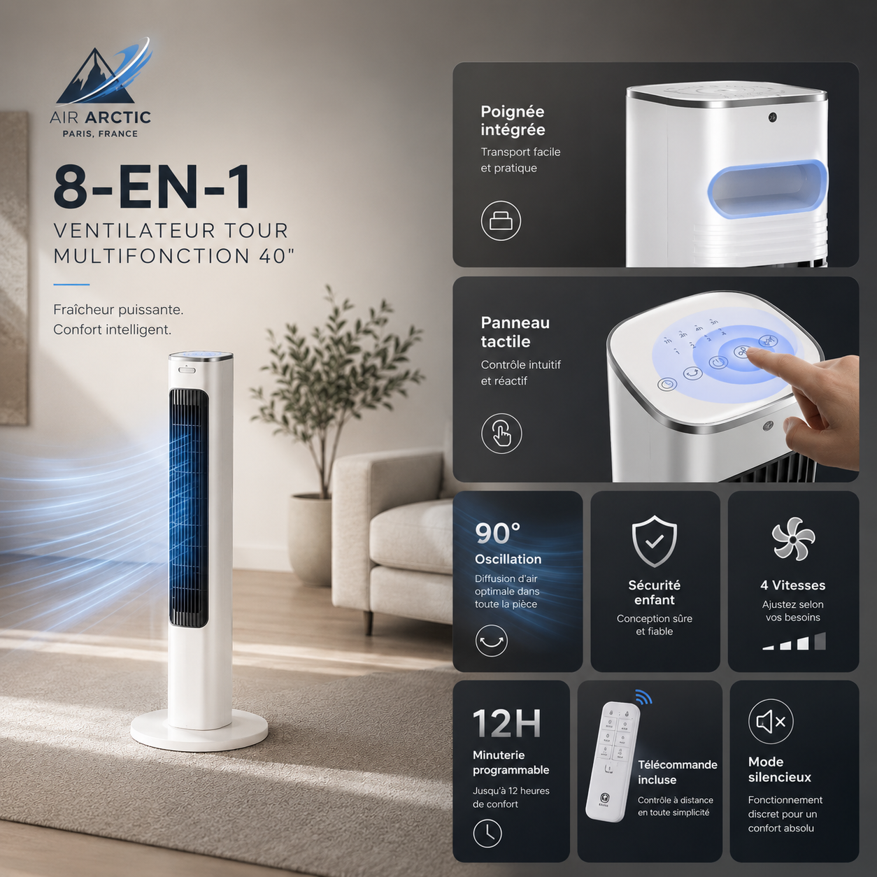 CLIM 2-EN-1™ | Ventilateur Tour Premium 90°