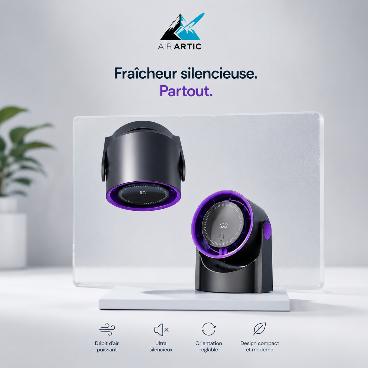 Ventilateur double turbo AIR ARTIC V4 pour bureau ou fixation murale, 5 vitesses, ventilation puissante et silencieuse, rechargeable USB