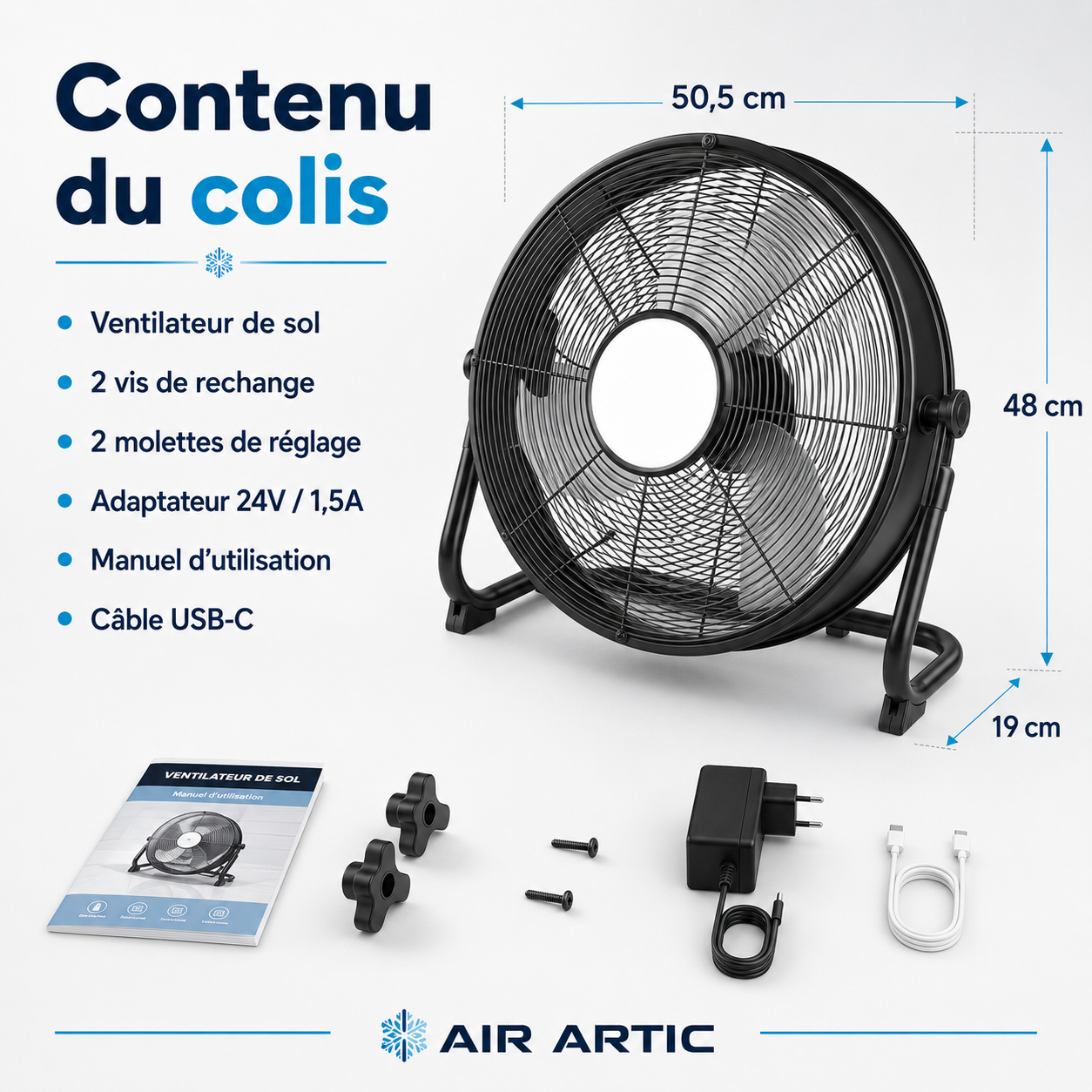 Ventilateur 40 cm conçu pour un grand débit d’air.