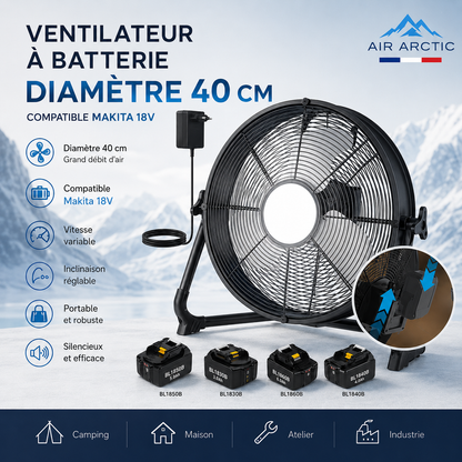 Ventilateur industriel portable Air Artic de 40 cm, compatible avec les batteries Makita 18 V, à vitesse et inclinaison réglables pour maison, atelier, camping et industrie.
