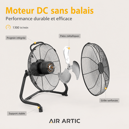 Ventilateur métallique portable avec inclinaison réglable pour orienter précisément le flux d’air
