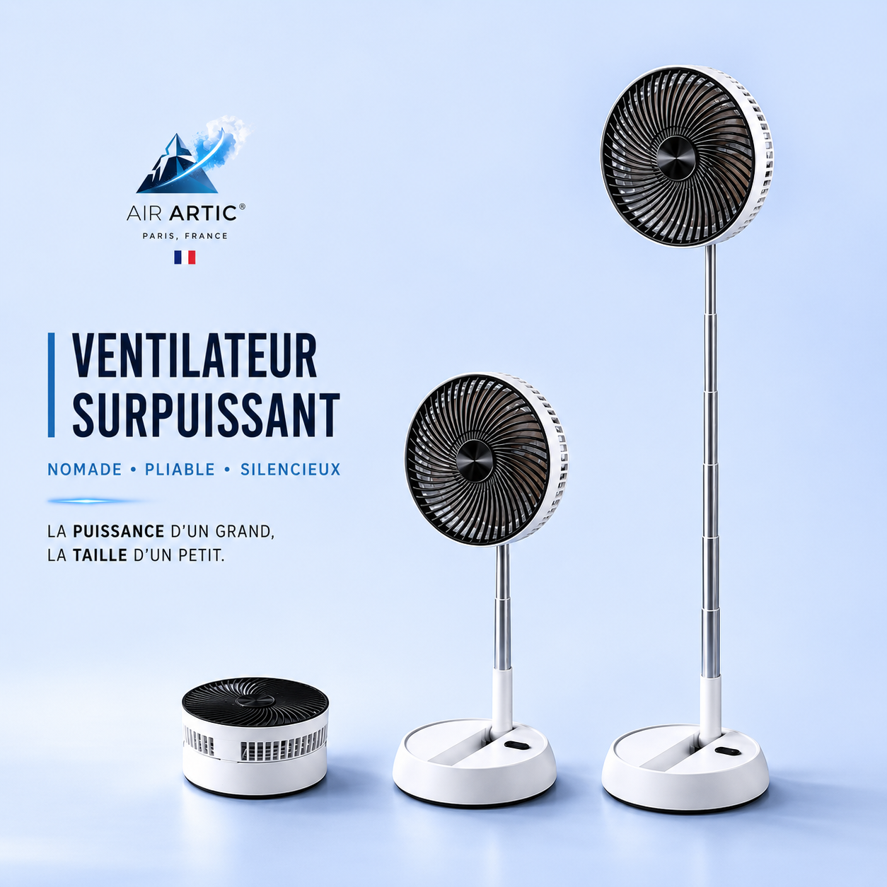 Ventilateur nomade pliable AIR ARTIC rechargeable sans fil, silencieux, réglable en hauteur et compact pour maison, bureau et voyage