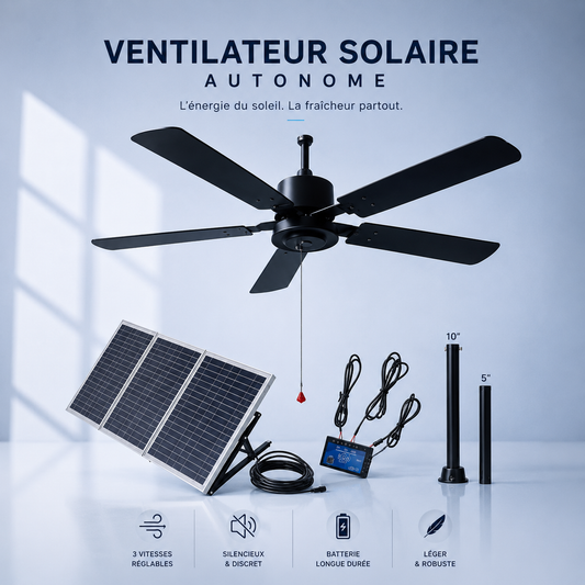 Ventilateur de plafond solaire 132 cm AIR ARTIC avec panneau solaire, faible consommation d’énergie, ventilation puissante pour maison, terrasse et espace extérieur