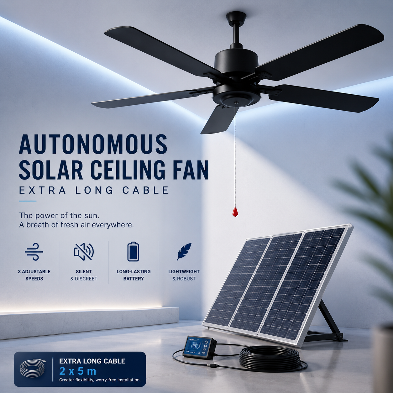 Ventilateur de Plafond Solaire 132 cm – Énergie Verte