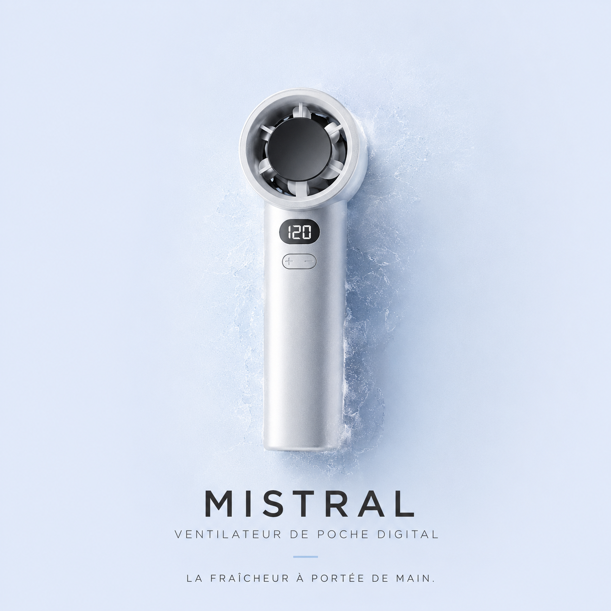 Ventilateur de poche digital Mistral AIR ARTIC rechargeable USB avec affichage numérique, batterie longue durée et refroidissement compact portable