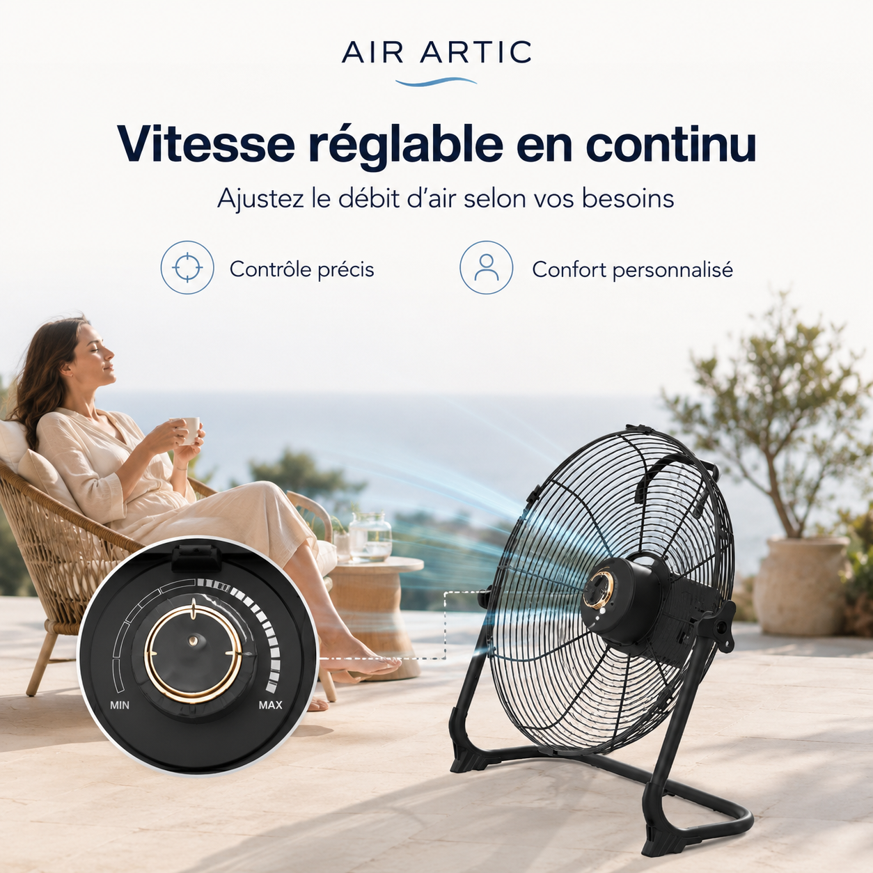 Ventilateur portable Air Artic installé dans une chambre pour une ventilation confortable et silencieuse